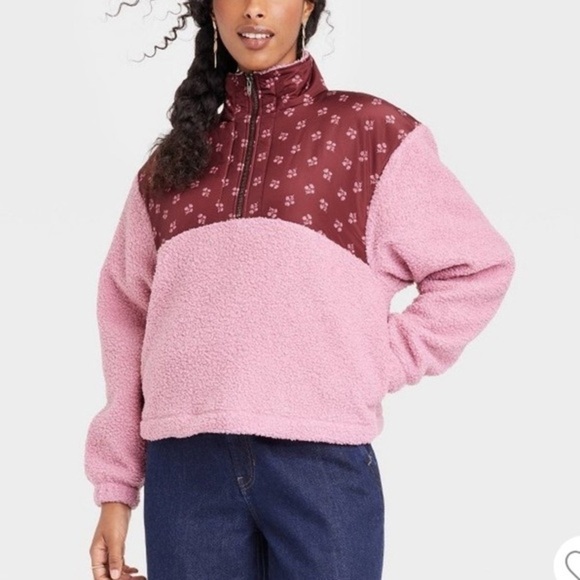 NEW Colorblock Quarter-zip Faux Shearling sweatshirt, size XS - Picture 1 of 10